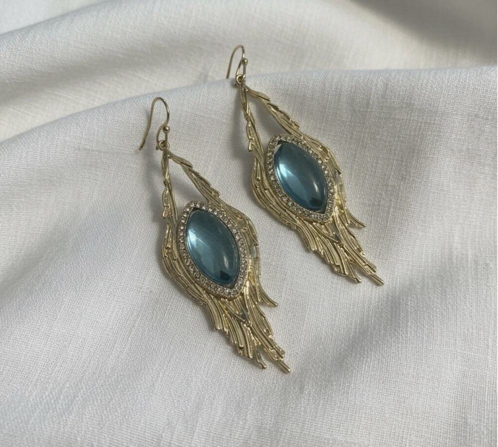 Goddess Feather Earrings VTG Museum Cabochon CZ Art Nouveau Gripoix Gold Art Y2K